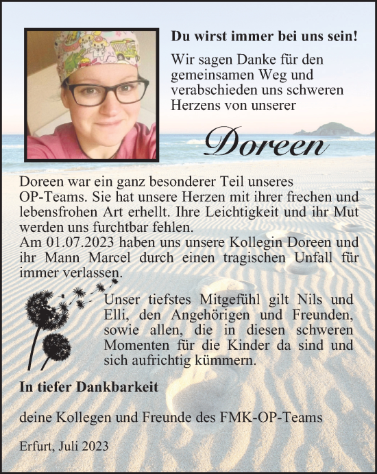 Traueranzeige von Doreen  von Thüringer Allgemeine, Thüringische Landeszeitung