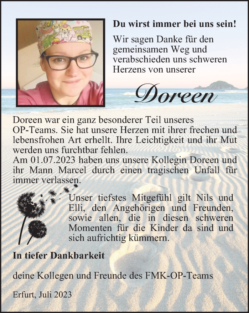  Traueranzeige für Doreen  vom 29.07.2023 aus Thüringer Allgemeine, Thüringische Landeszeitung