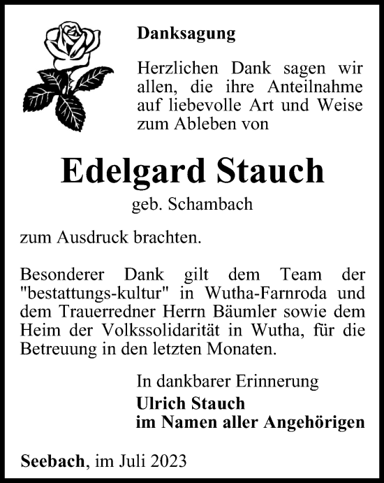 Traueranzeige von Edelgard Stauch von Thüringer Allgemeine, Thüringische Landeszeitung