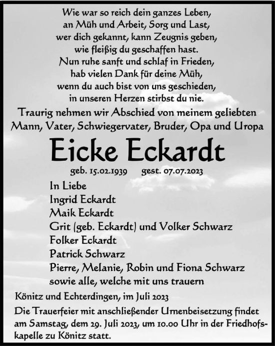 Traueranzeige von Eicke Eckardt von Ostthüringer Zeitung