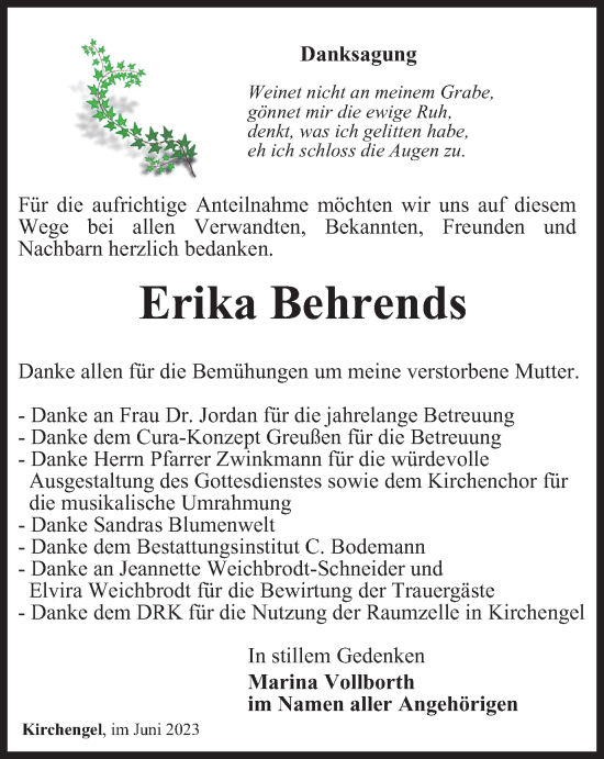 Traueranzeige von Erika Behrends