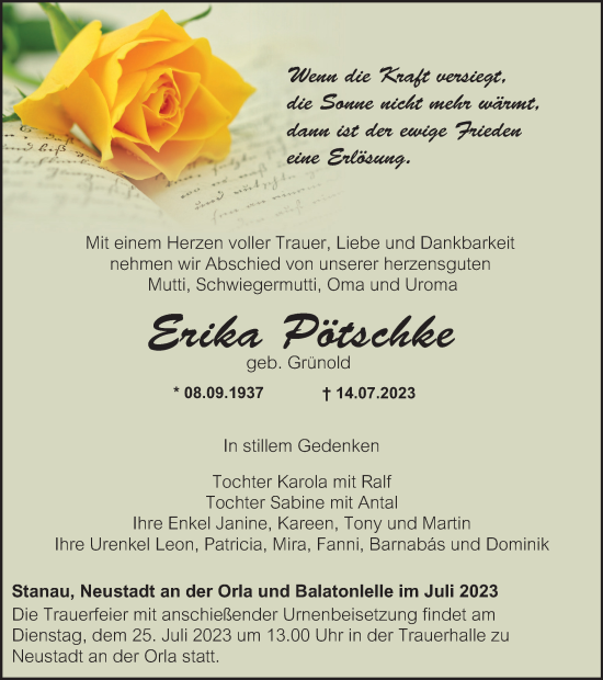 Traueranzeige von Erika Pötschke