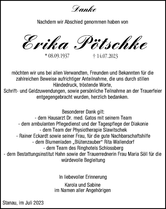 Traueranzeige von Erika Pötschke