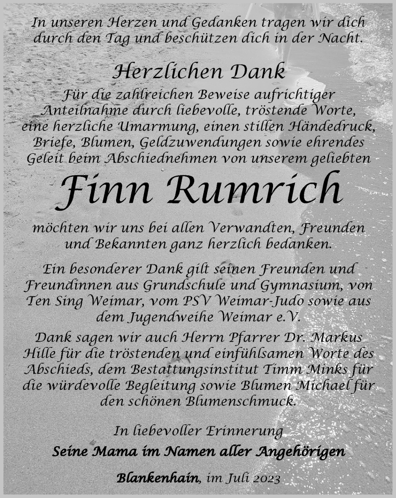  Traueranzeige für Finn Rumrich vom 15.07.2023 aus Thüringer Allgemeine, Thüringische Landeszeitung