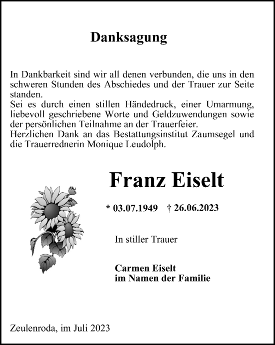 Traueranzeige von Franz Eiselt von Ostthüringer Zeitung