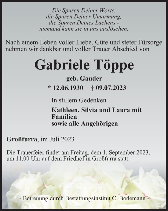 Traueranzeige von Gabriele Töppe