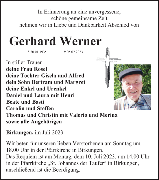 Traueranzeige von Gerhard Werner von Thüringer Allgemeine