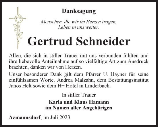 Traueranzeige von Gertrud Schneider von Thüringer Allgemeine, Thüringische Landeszeitung