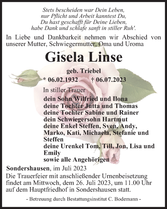 Traueranzeige von Gisela Linse