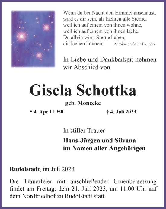 Traueranzeige von Gisela Schottka von Ostthüringer Zeitung