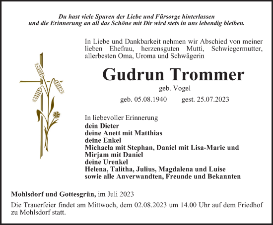 Traueranzeige von Gudrun Trommer von Ostthüringer Zeitung