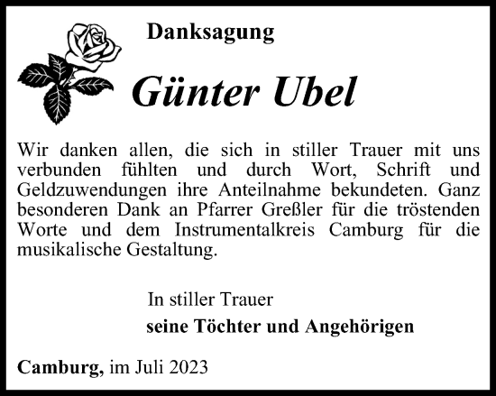 Traueranzeige von Günter Ubel von Ostthüringer Zeitung, Thüringische Landeszeitung