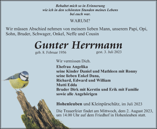 Traueranzeige von Gunter Herrmann von Ostthüringer Zeitung