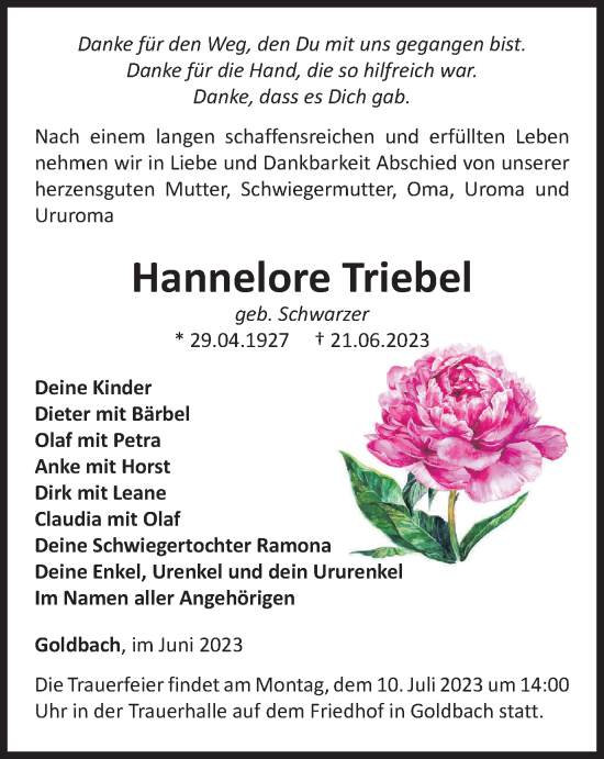 Traueranzeige von Hannelore Triebel von Thüringer Allgemeine, Thüringische Landeszeitung