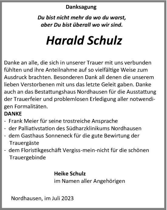 Traueranzeige von Harald Schulz von Thüringer Allgemeine