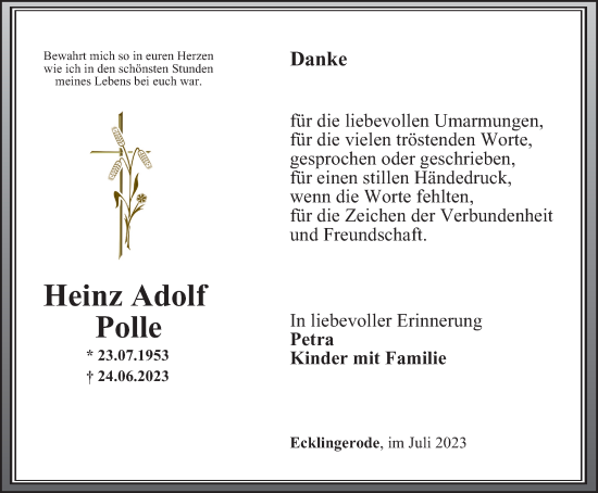 Traueranzeige von Heinz Adolf Polle von Thüringer Allgemeine