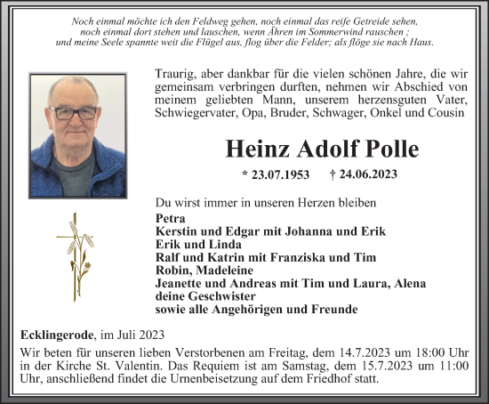 Traueranzeige von Heinz Adolf Polle von Thüringer Allgemeine
