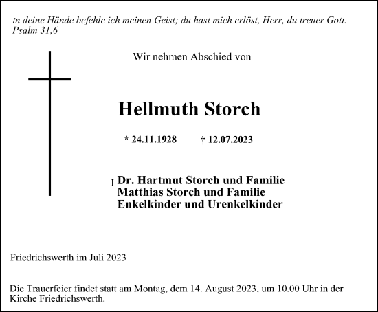 Traueranzeige von Hellmuth Storch von Thüringer Allgemeine, Thüringische Landeszeitung