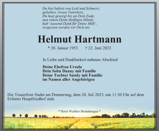 Traueranzeige von Helmut Hartmann
