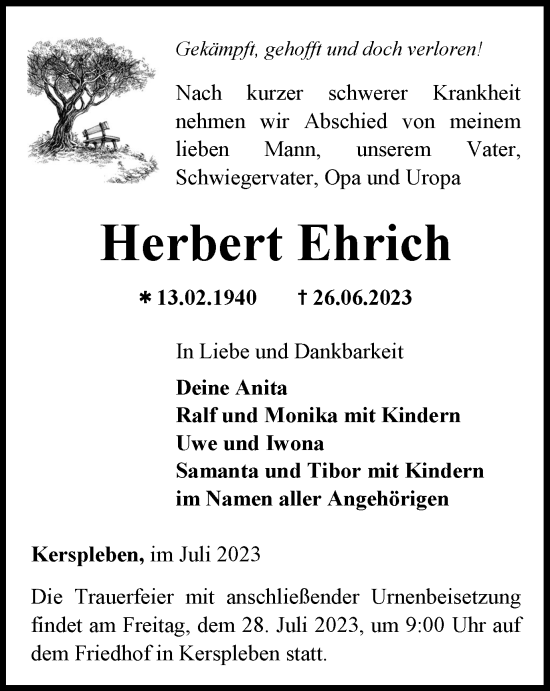 Traueranzeige von Herbert Ehrich von Thüringer Allgemeine, Thüringische Landeszeitung