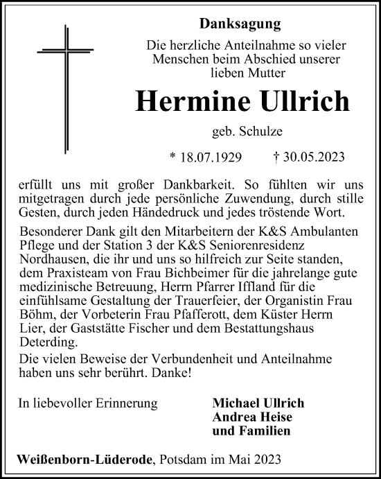 Traueranzeige von Hermine Ullrich von Thüringer Allgemeine