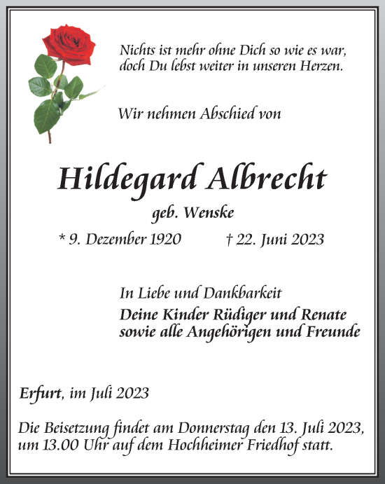 Traueranzeige von Hildegard Albrecht