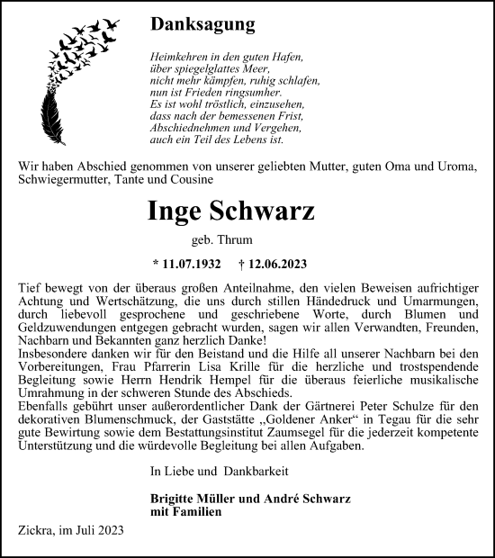 Traueranzeige von Inge Schwarz von Ostthüringer Zeitung