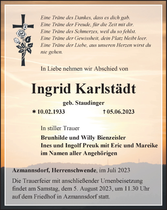 Traueranzeige von Ingrid Karlstädt von Thüringer Allgemeine