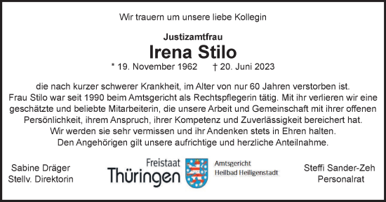 Traueranzeige von Irena Stilo von Thüringer Allgemeine