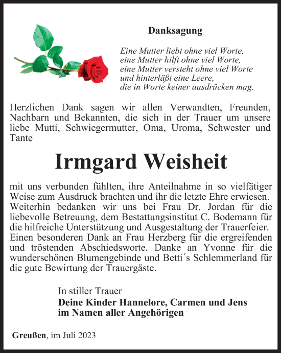 Traueranzeige von Irmgard Weisheit