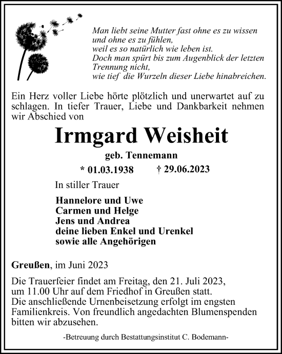 Traueranzeige von Irmgard Weisheit