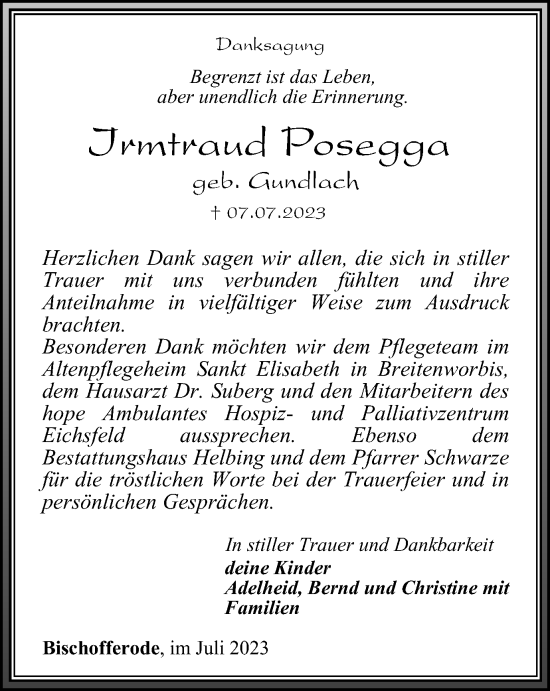 Traueranzeige von Irmtraud Posegga von Thüringer Allgemeine
