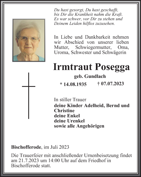 Traueranzeige von Irmtraut Posegga von Thüringer Allgemeine
