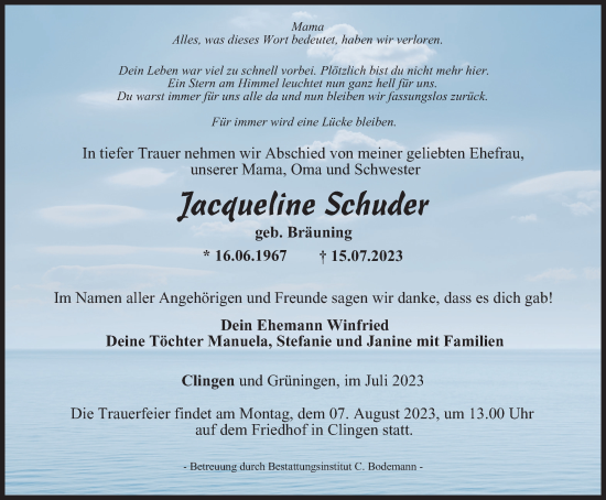 Traueranzeige von Jacqueline Schuder