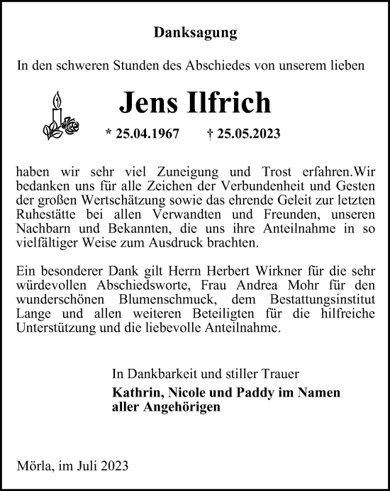 Traueranzeige von Jens Ilfrich von Ostthüringer Zeitung