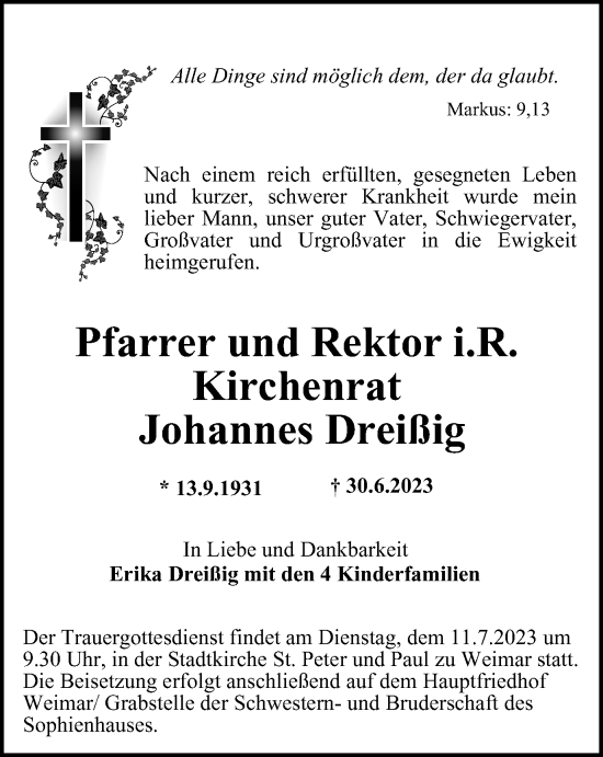 Traueranzeige von Johannes Dreißig von Thüringer Allgemeine, Thüringische Landeszeitung