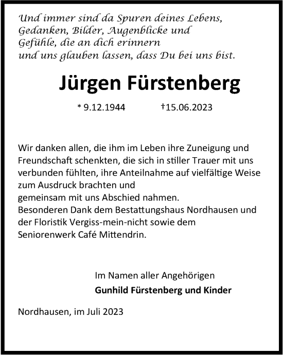 Traueranzeige von Jürgen Fürstenberg von Thüringer Allgemeine