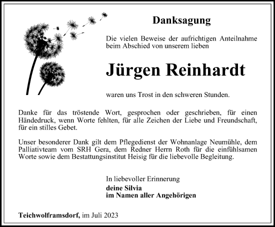 Traueranzeige von Jürgen Reinhardt von Ostthüringer Zeitung