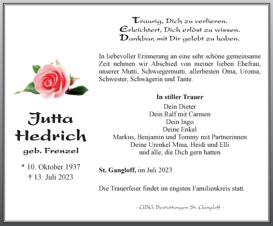 Traueranzeige von Jutta Hedrich von Ostthüringer Zeitung