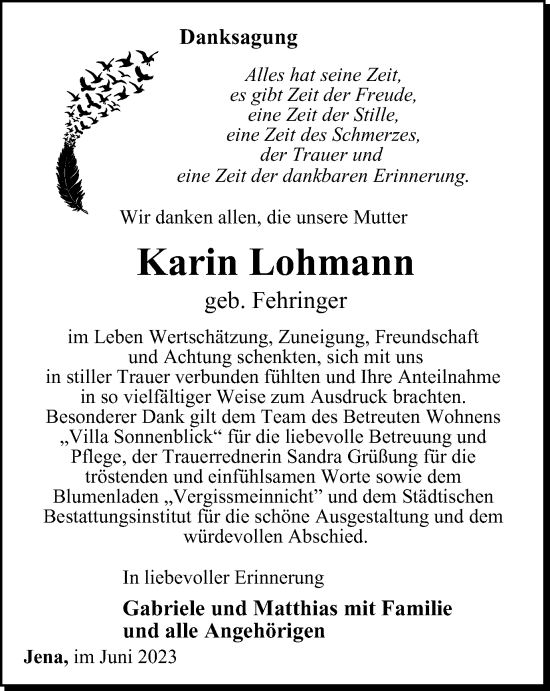 Traueranzeige von Karin Lohmann von Ostthüringer Zeitung, Thüringische Landeszeitung