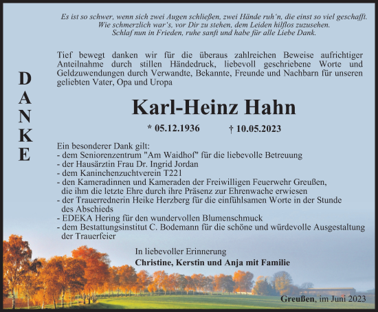 Traueranzeige von Karl-Heinz Hahn