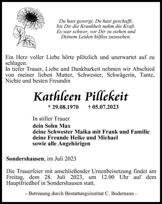 Traueranzeige von Kathleen Pillekeit