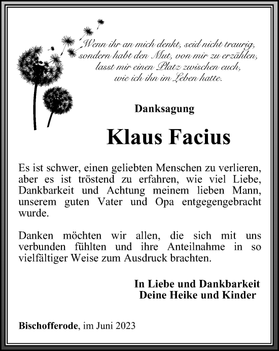 Traueranzeige von Klaus Facius von Thüringer Allgemeine