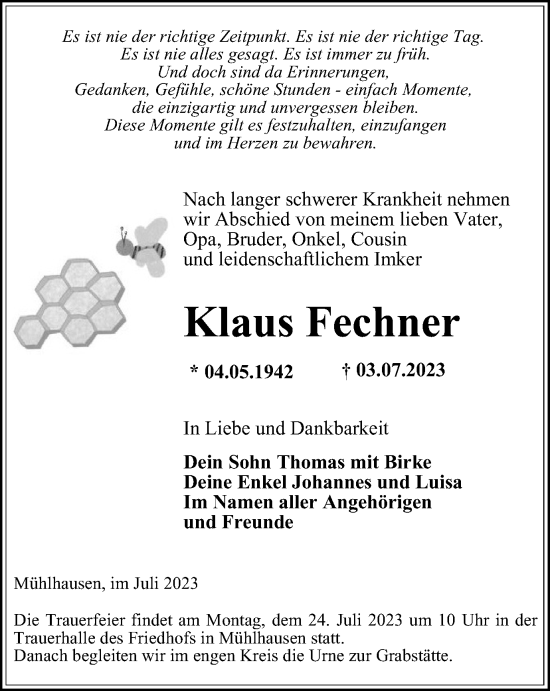 Traueranzeige von Klaus Fechner von Thüringer Allgemeine, Thüringische Landeszeitung