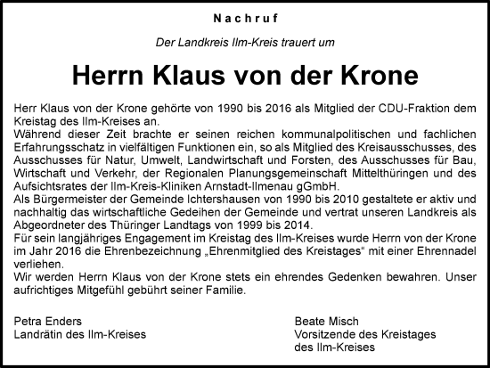 Traueranzeige von Klaus  von der Krone von Thüringer Allgemeine