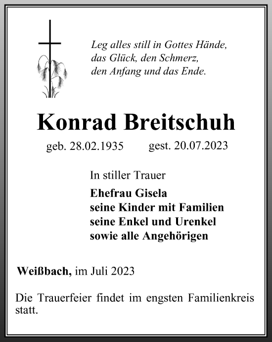 Traueranzeige von Konrad Breitschuh von Ostthüringer Zeitung