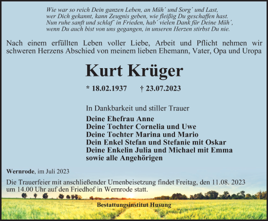 Traueranzeige von Kurt Krüger von Thüringer Allgemeine