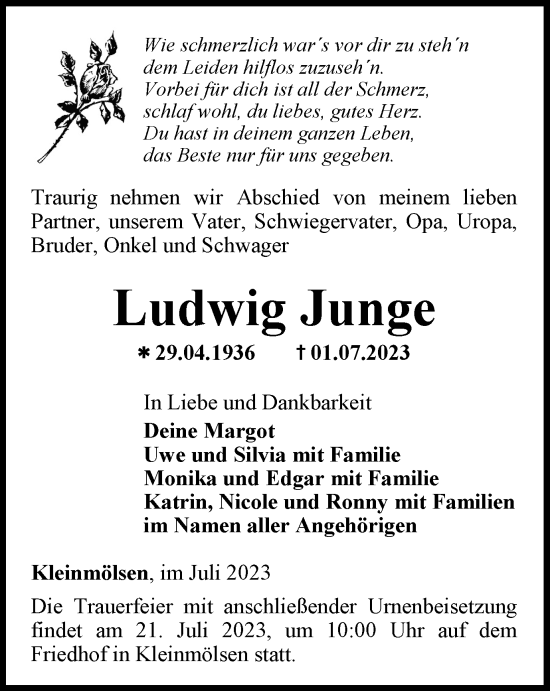 Traueranzeige von Ludwig Junge von Thüringer Allgemeine, Thüringische Landeszeitung