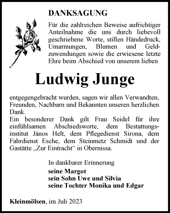 Traueranzeige von Ludwig Junge von Thüringer Allgemeine, Thüringische Landeszeitung