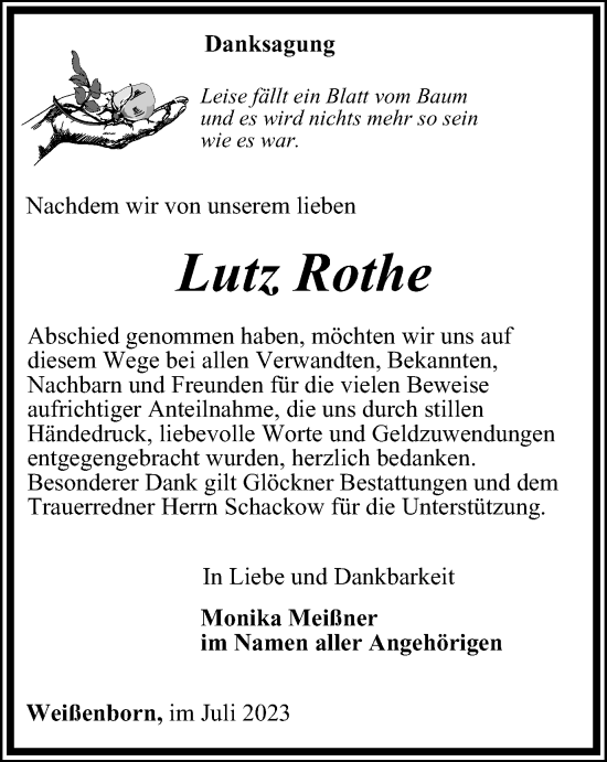 Traueranzeige von Lutz Rothe von Ostthüringer Zeitung